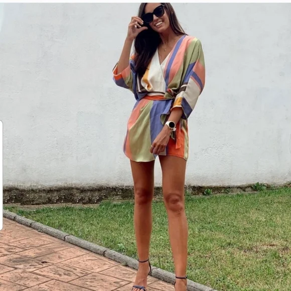 ZARA Satin Rainbow Striped Crossover Romper Playsuit Wrap Bloggers Fave - Picture 4 of 10